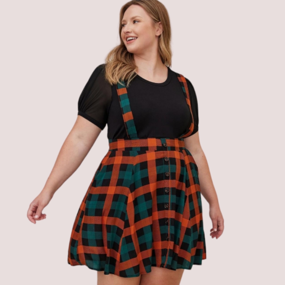 Torrid Mini Chalis Skirtall Orange Green Plaid Size 1X